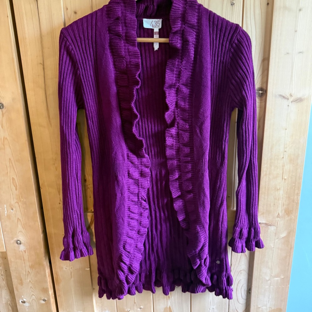 Matilda Jane 435 Girls Purple Ruffle Ribbed Knit Open Front Cardigan Size 12